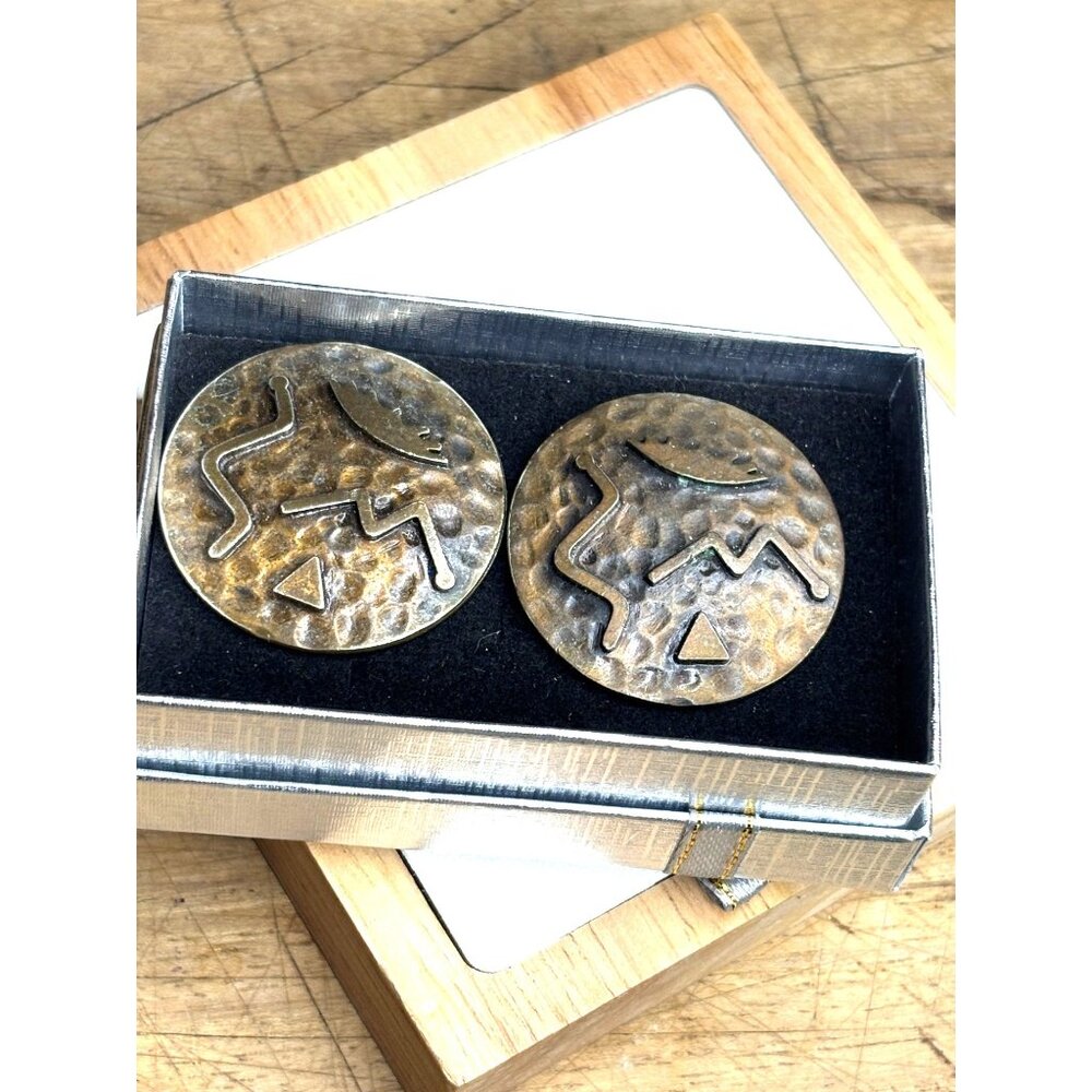 Vintage Brass Round Earrings With Geometric Tribal Design